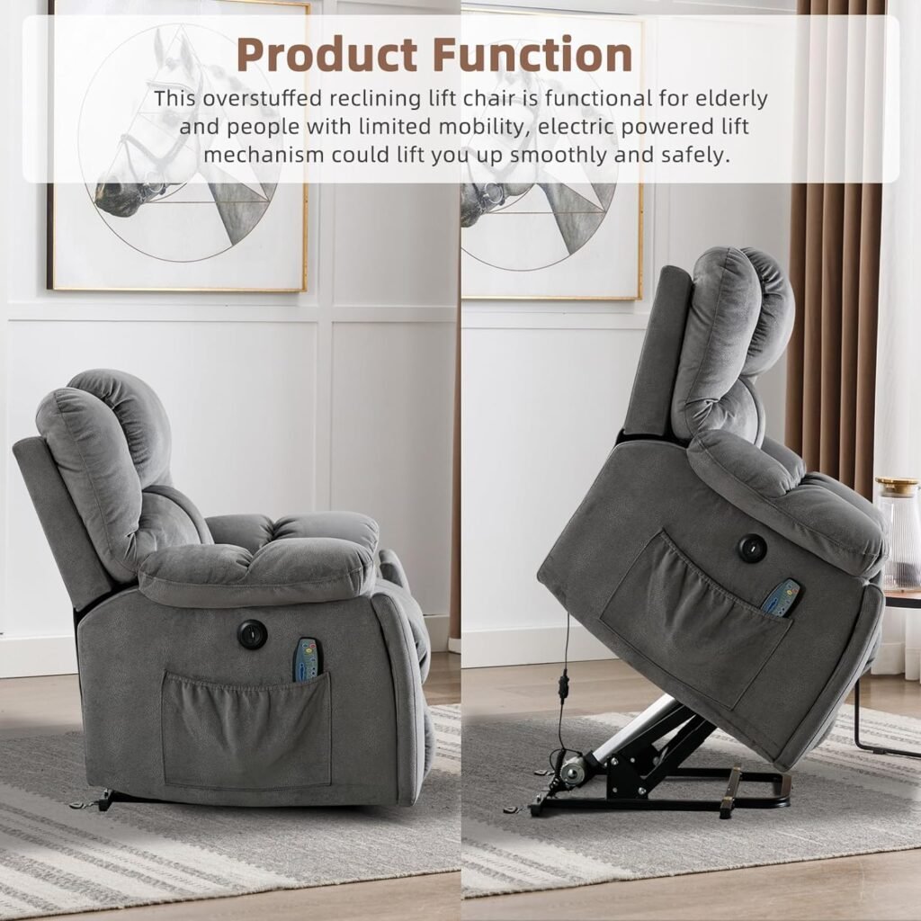 CANMOV Large Power Lift Chair for Elderly with Massage and Heated, Electric Lift Recliner Chair for Big and Tall People, Reclining Chair with Side Pocket, Cup Holders and USB Port (Grey)