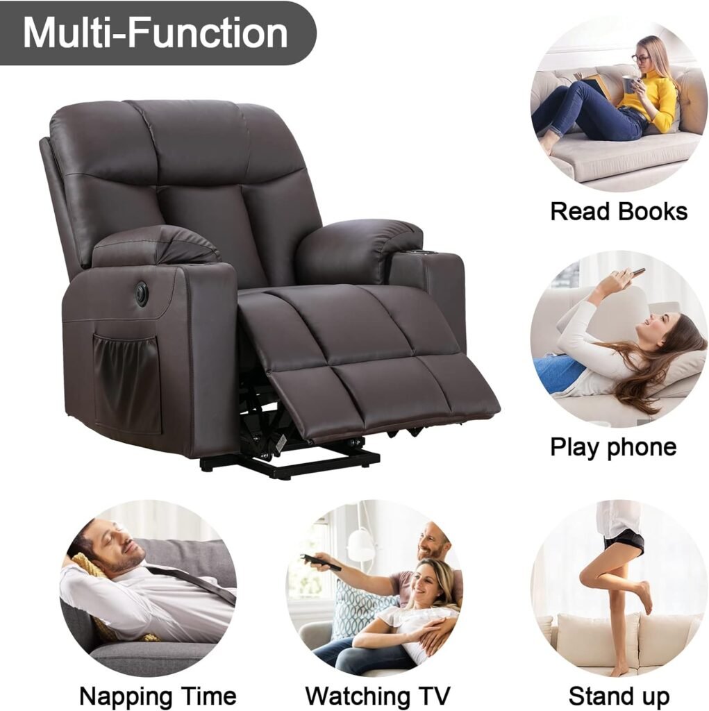 CANMOV Power Lift Recliner Chairs with Massage and Heat for Elderly Big People, Heavy Duty Electric Faux Leather Reclining Chairs with USB Port and 2 Cup Holders, Brown