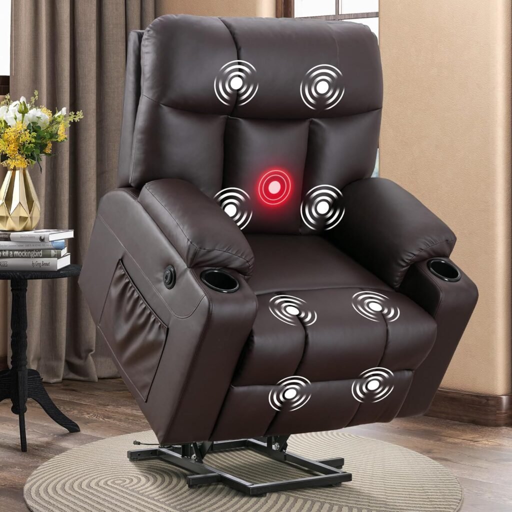 CANMOV Power Lift Recliner Chairs with Massage and Heat for Elderly Big People, Heavy Duty Electric Faux Leather Reclining Chairs with USB Port and 2 Cup Holders, Brown