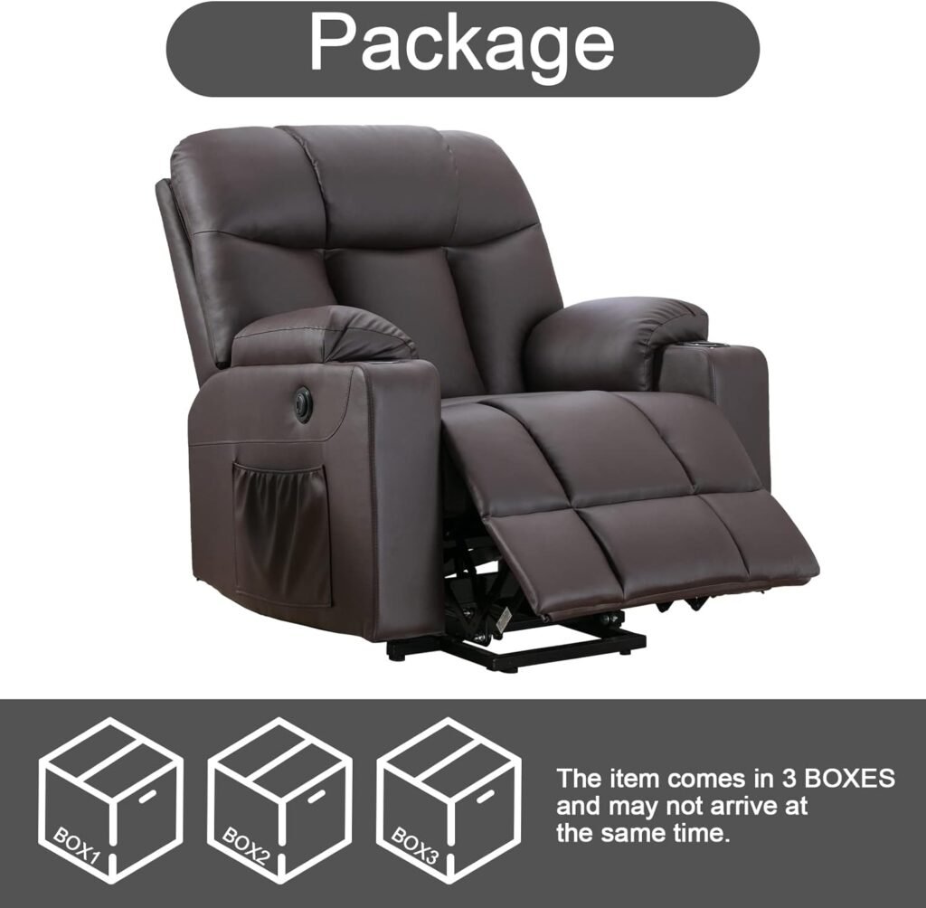 CANMOV Power Lift Recliner Chairs with Massage and Heat for Elderly Big People, Heavy Duty Electric Faux Leather Reclining Chairs with USB Port and 2 Cup Holders, Brown