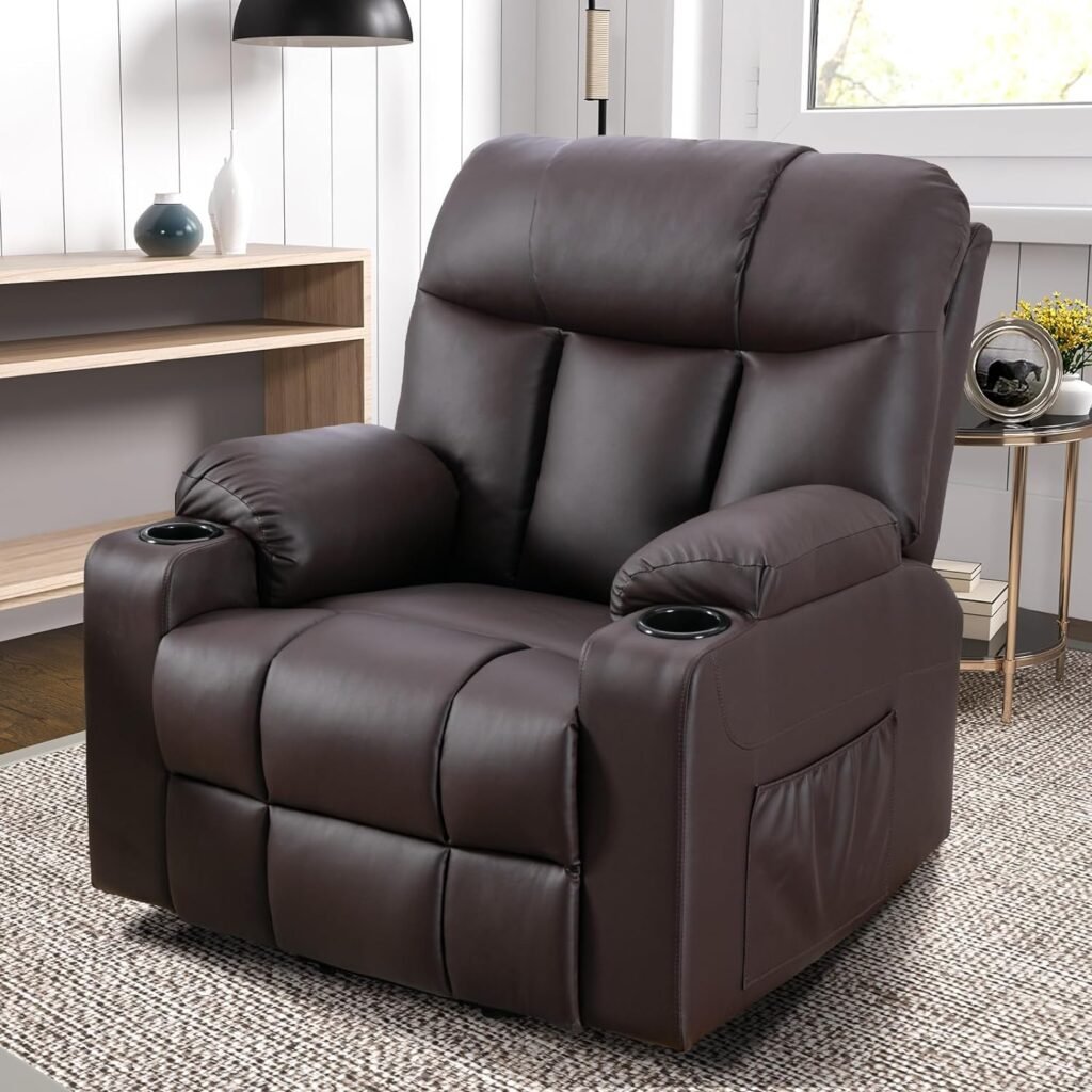 CANMOV Power Lift Recliner Chairs with Massage and Heat for Elderly Big People, Heavy Duty Electric Faux Leather Reclining Chairs with USB Port and 2 Cup Holders, Brown