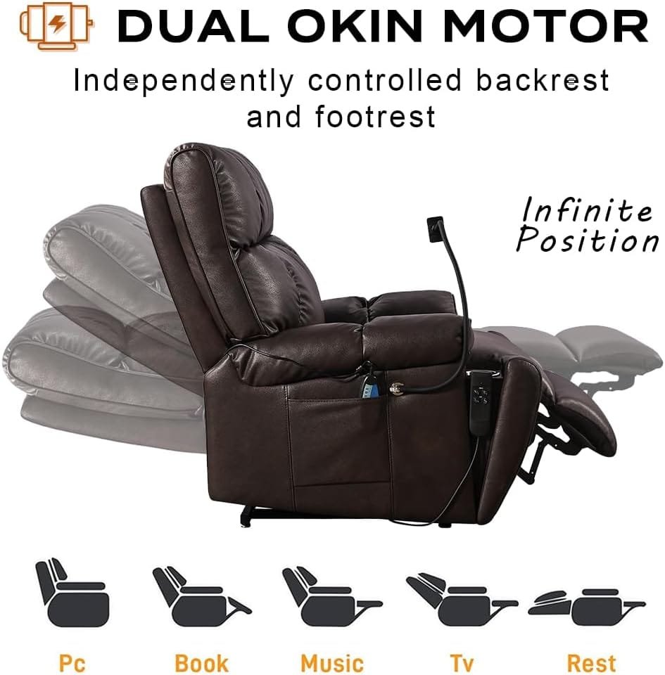 Chaininnov Lay Flat Lift Recliner Chair with Hidden Cup Holder and Adjustable Phone Holder for Elderly,Infinite Position Breathable Bonded Leather Electric Sleeping Chair with Massage,Heating (Brown)…