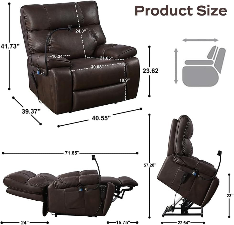 Chaininnov Lay Flat Lift Recliner Chair with Hidden Cup Holder and Adjustable Phone Holder for Elderly,Infinite Position Breathable Bonded Leather Electric Sleeping Chair with Massage,Heating (Brown)…
