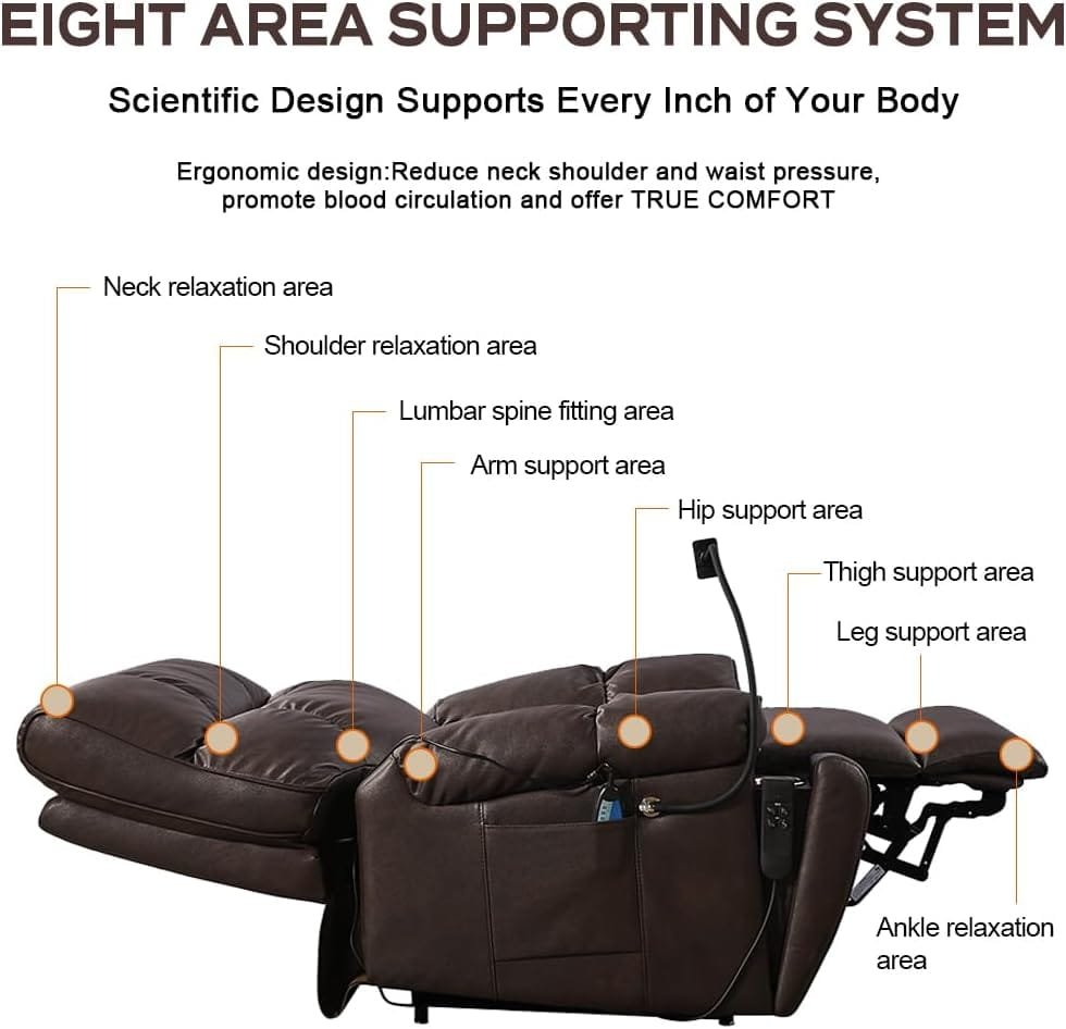 Chaininnov Lay Flat Lift Recliner Chair with Hidden Cup Holder and Adjustable Phone Holder for Elderly,Infinite Position Breathable Bonded Leather Electric Sleeping Chair with Massage,Heating (Brown)…
