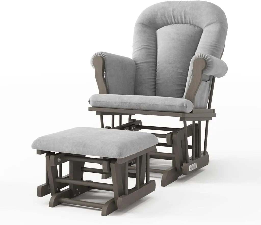 Child Craft Cozy Glider Rocker and Ottoman Set, Padded Cushion with Convenient Storage Pockets, Solid Wood Base Frame (Dusty Heather with Beige Cushion) Child Craft Cozy Glider Rocker and Ottoman Set, Padded Cushion with Convenient Storage Pockets, Solid Wood Base Frame (Dusty Heather with Beige Cushion)