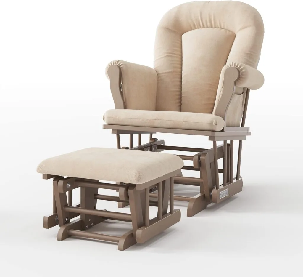Child Craft Cozy Glider Rocker and Ottoman Set, Padded Cushion with Convenient Storage Pockets, Solid Wood Base Frame (Dusty Heather with Beige Cushion) Child Craft Cozy Glider Rocker and Ottoman Set, Padded Cushion with Convenient Storage Pockets, Solid Wood Base Frame (Dusty Heather with Beige Cushion)