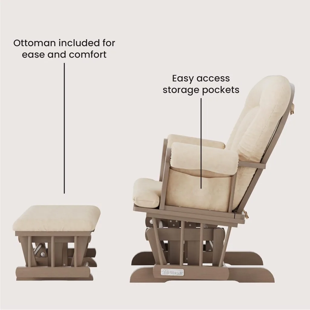 Child Craft Cozy Glider Rocker and Ottoman Set, Padded Cushion with Convenient Storage Pockets, Solid Wood Base Frame (Dusty Heather with Beige Cushion) Child Craft Cozy Glider Rocker and Ottoman Set, Padded Cushion with Convenient Storage Pockets, Solid Wood Base Frame (Dusty Heather with Beige Cushion)