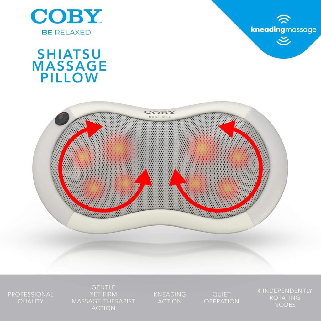 Coby Shiatsu Massage Pillow with Heat | Deep Tissue Kneading Therapeutic Cushion Pad for Back, Neck, Shoulders  Full Body Pain Relief | Rolling Balls  Adjustable Chair Strap for Home, Office  Auto