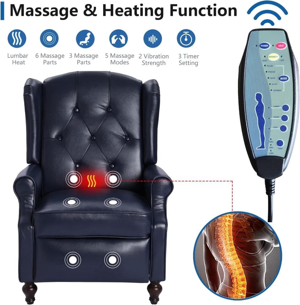 Consofa Wingback Recliner Chair with Massage and Heat Tufted PU Leather Push Back Arm Chair for Living Room Vintage Recliner Chair with Remote Control, Padded Cushion, Backrest, Wooden Legs