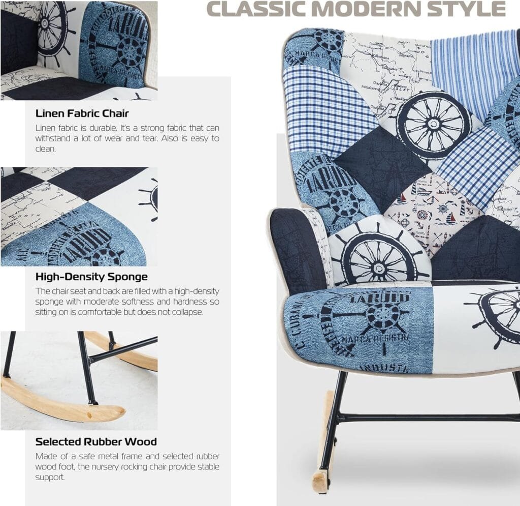 DAICO Rocking Chair Upholstered Indoor Accent Chair with High Backrest Wooden Base Glider Rocker Armchair for Baby Nursery Colorful Plaid Marine and Nautical Patchwork for Bedroom, Living Room