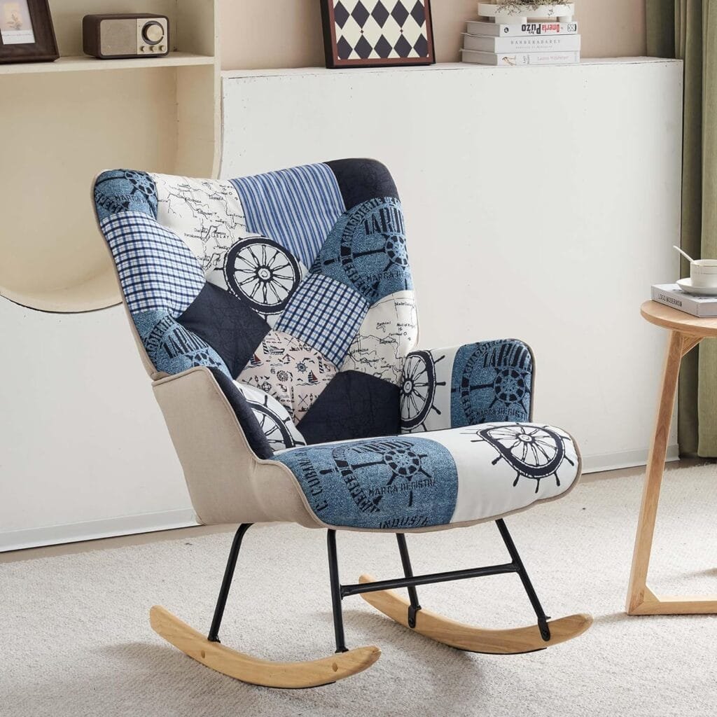 DAICO Rocking Chair Upholstered Indoor Accent Chair with High Backrest Wooden Base Glider Rocker Armchair for Baby Nursery Colorful Plaid Marine and Nautical Patchwork for Bedroom, Living Room