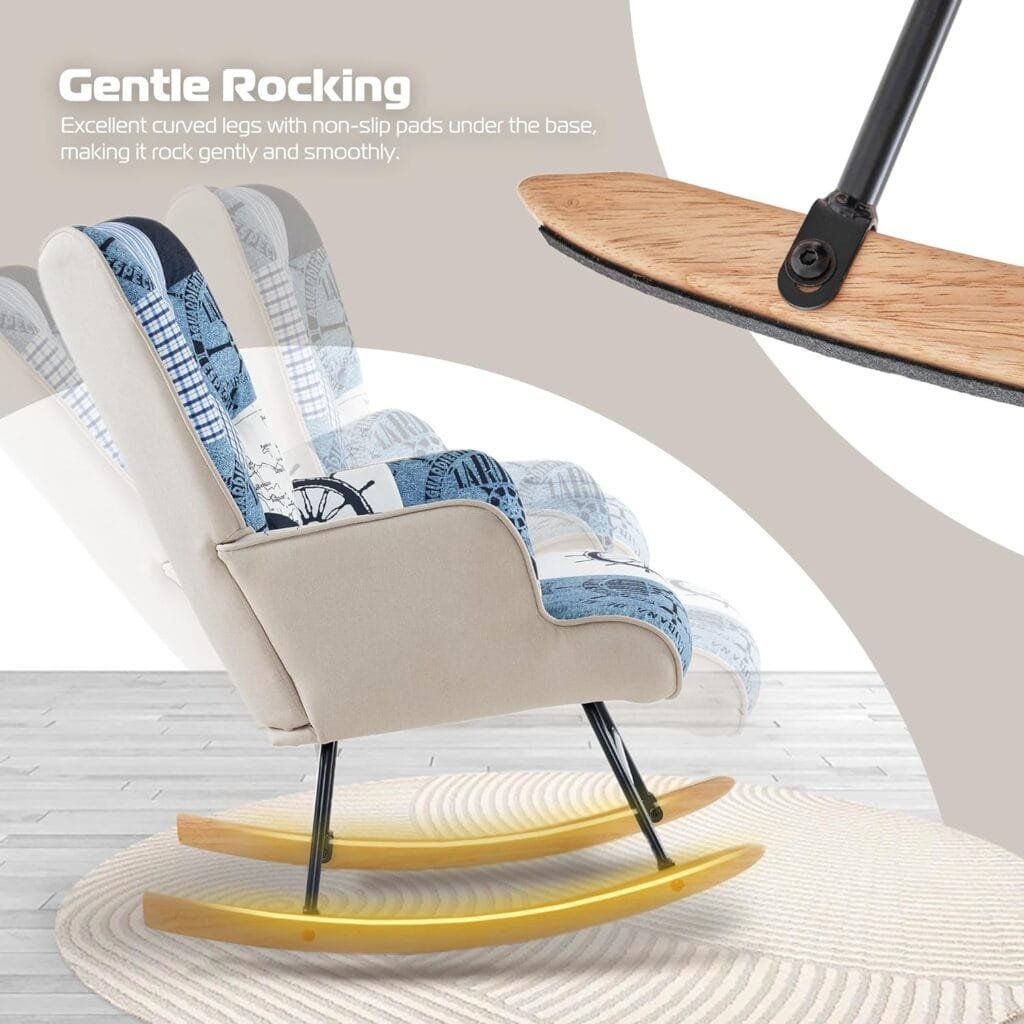 DAICO Rocking Chair Upholstered Indoor Accent Chair with High Backrest Wooden Base Glider Rocker Armchair for Baby Nursery Colorful Plaid Marine and Nautical Patchwork for Bedroom, Living Room
