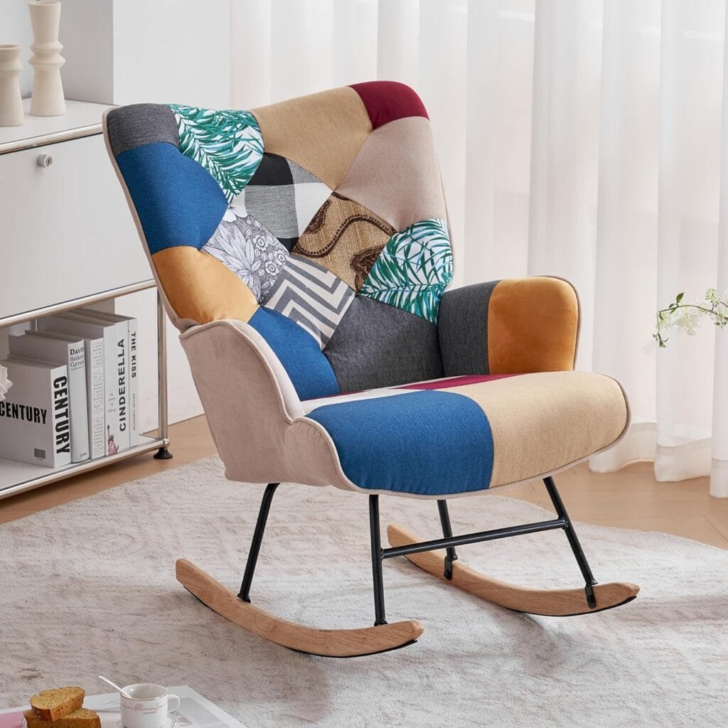 DAICO Rocking Chair Upholstered Indoor Accent Chair with High Backrest Wooden Base Glider Rocker Armchair for Baby Nursery Colorful Plaid Marine and Nautical Patchwork for Bedroom, Living Room