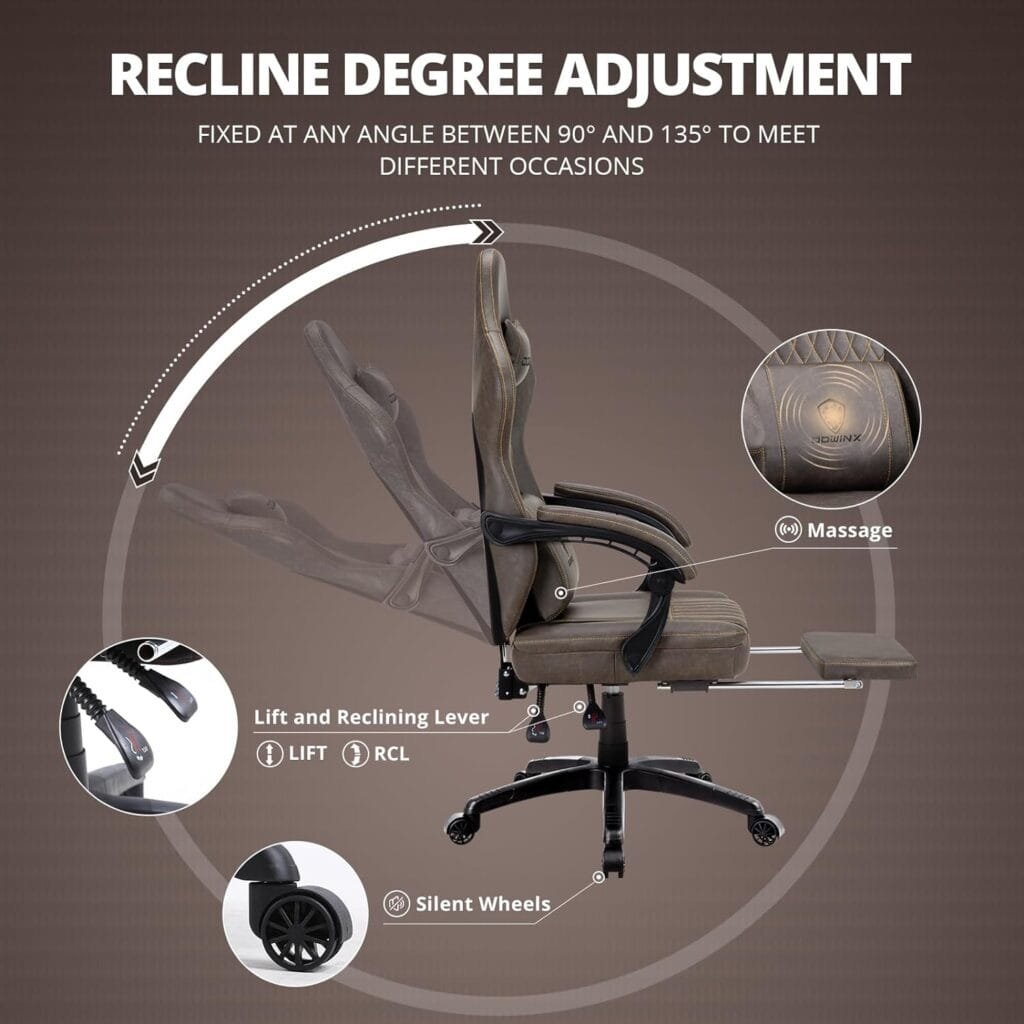 Dowinx Gaming Chair Breathable PU Leather Gamer Chair with Pocket Spring Cushion, Ergonomic Computer Chair with Massage Lumbar Support,Adjustable Swivel Task Chair with Footrest(Brown)