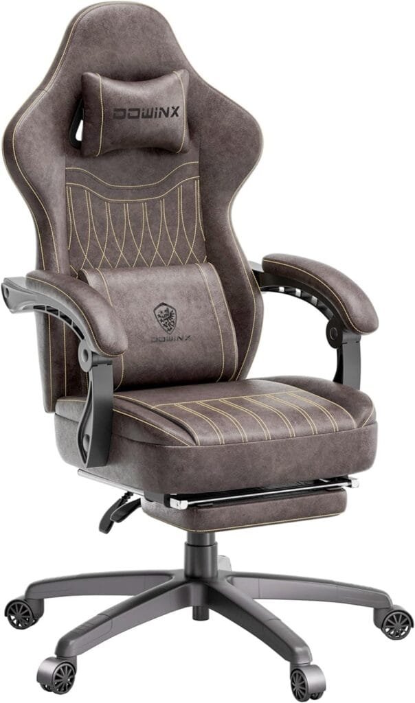 Dowinx Gaming Chair Breathable PU Leather Gamer Chair with Pocket Spring Cushion, Ergonomic Computer Chair with Massage Lumbar Support,Adjustable Swivel Task Chair with Footrest(Brown)