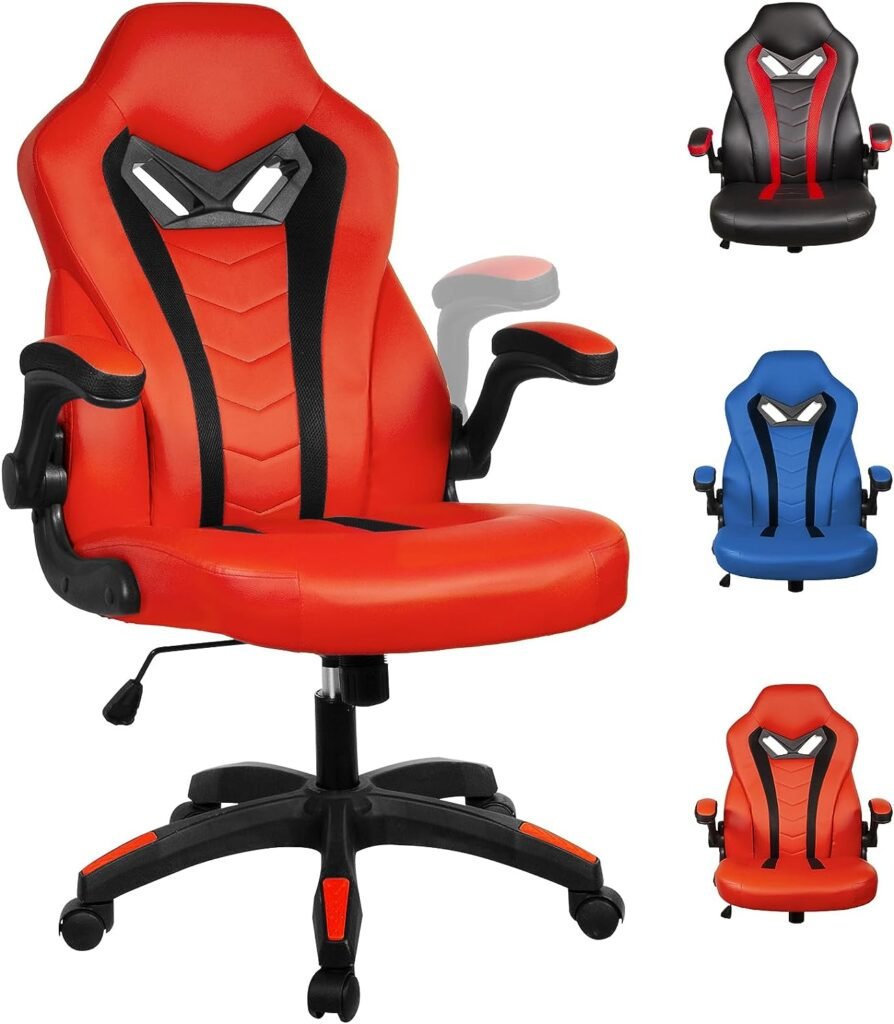 Dvenger Video Game Chairs, Ergonomic Office Chairs, Leather High Back Computer Office Chair with Flip up Arms, Comfortable Gaming Chairs for Adults Gamer Teens, Red Gamer Chair