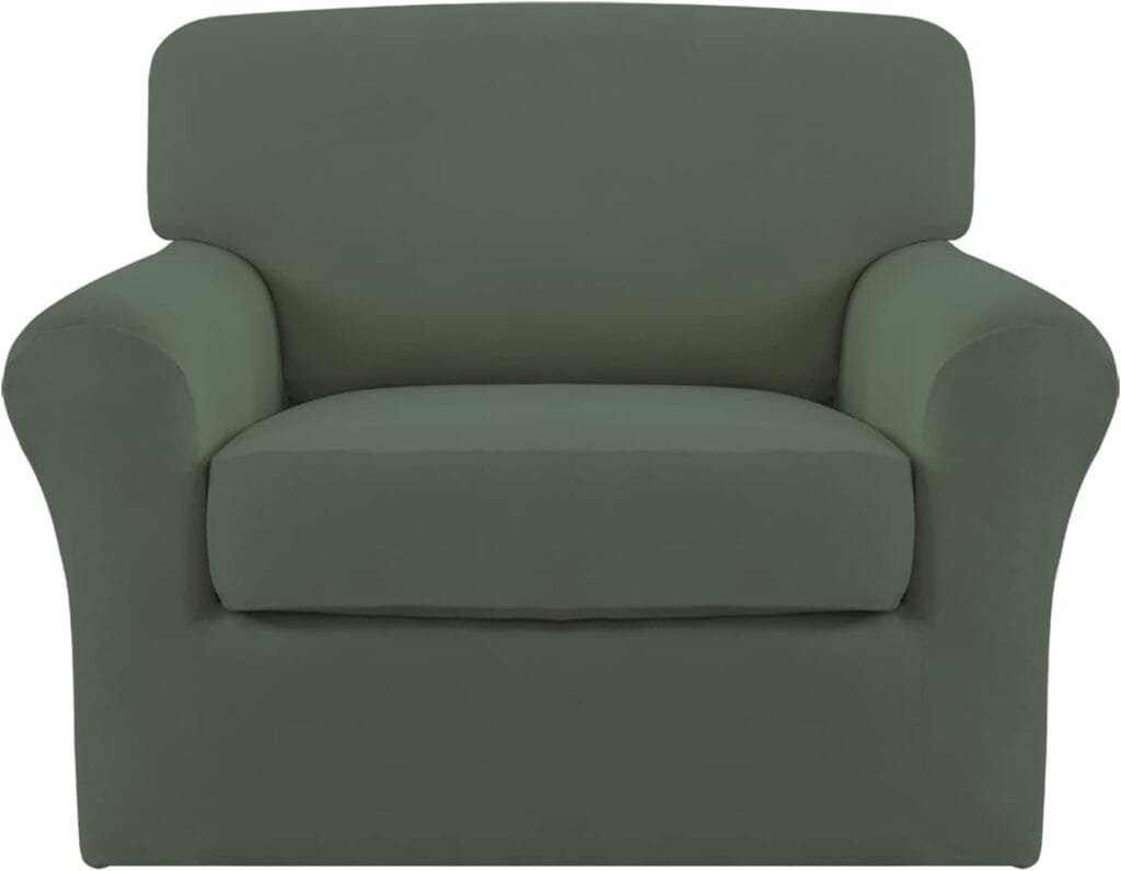 Easy-Going 2 Pieces Microfiber Stretch Chair Slipcover – Spandex Soft Fitted Sofa Couch Cover Washable Furniture Protector with Elastic Bottom Kids Pet Greyish Green