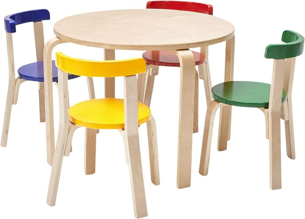 ECR4Kids Bentwood Round Table and Curved Back Chair Set, Kids Furniture, Assorted, 5-Piece