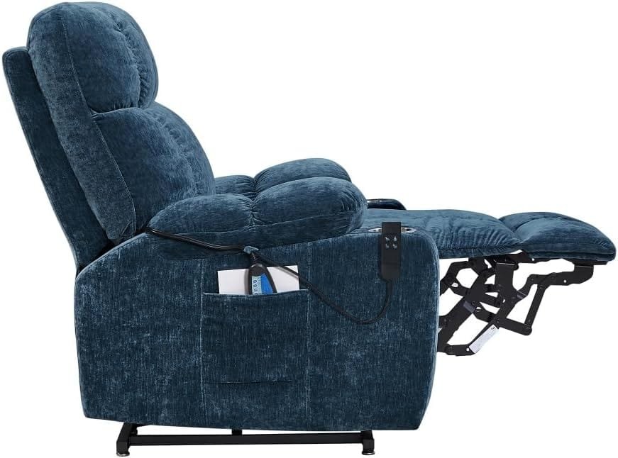 Electric Power Lift Recliner Chair for Elderly, Recliner Sofa with with Massage and Heating, 3 Positions, 2 Side Pockets, Cup Holders, USB Ports Power Reclining Chair for Living Room, Blue