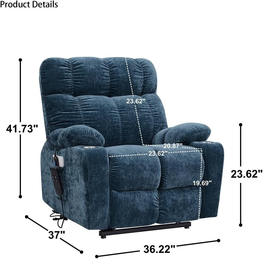 Electric Power Lift Recliner Chair for Elderly, Recliner Sofa with with Massage and Heating, 3 Positions, 2 Side Pockets, Cup Holders, USB Ports Power Reclining Chair for Living Room, Blue