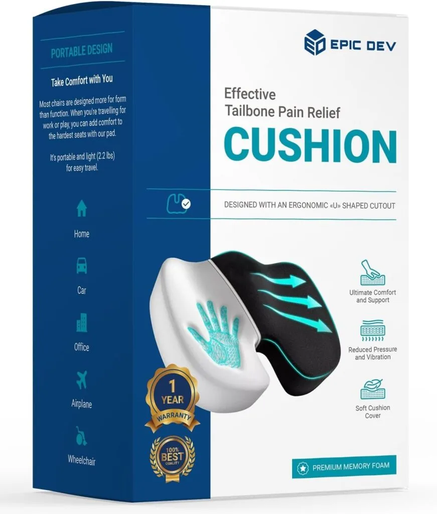 EpicDev Comfort Foam Seat Cushion for Tailbone Pain Relief, Non-Slip Ergonomic Memory Foam for All Day Sitting Support, Office Chairs, Wheelchair Cushion, Car Seat (Foam)