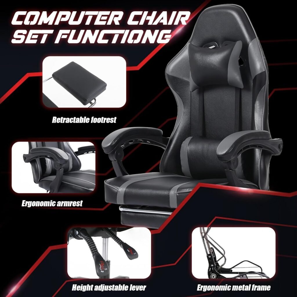 Ergonomic Gaming Chair with Footrest, PU Leather Video Game Chairs for Adults, 360°Swivel Adjustable Office Chair Gamer Chair, Comfortable Computer Chair for Heavy People