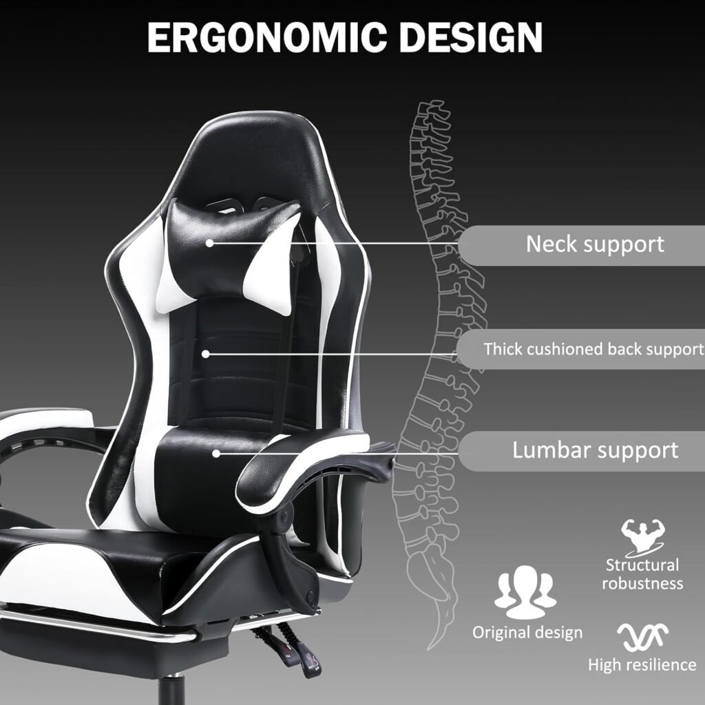 Ergonomic Gaming Chair with Footrest, PU Leather Video Game Chairs for Adults, 360°Swivel Adjustable Office Chair Gamer Chair, Comfortable Computer Chair for Heavy People