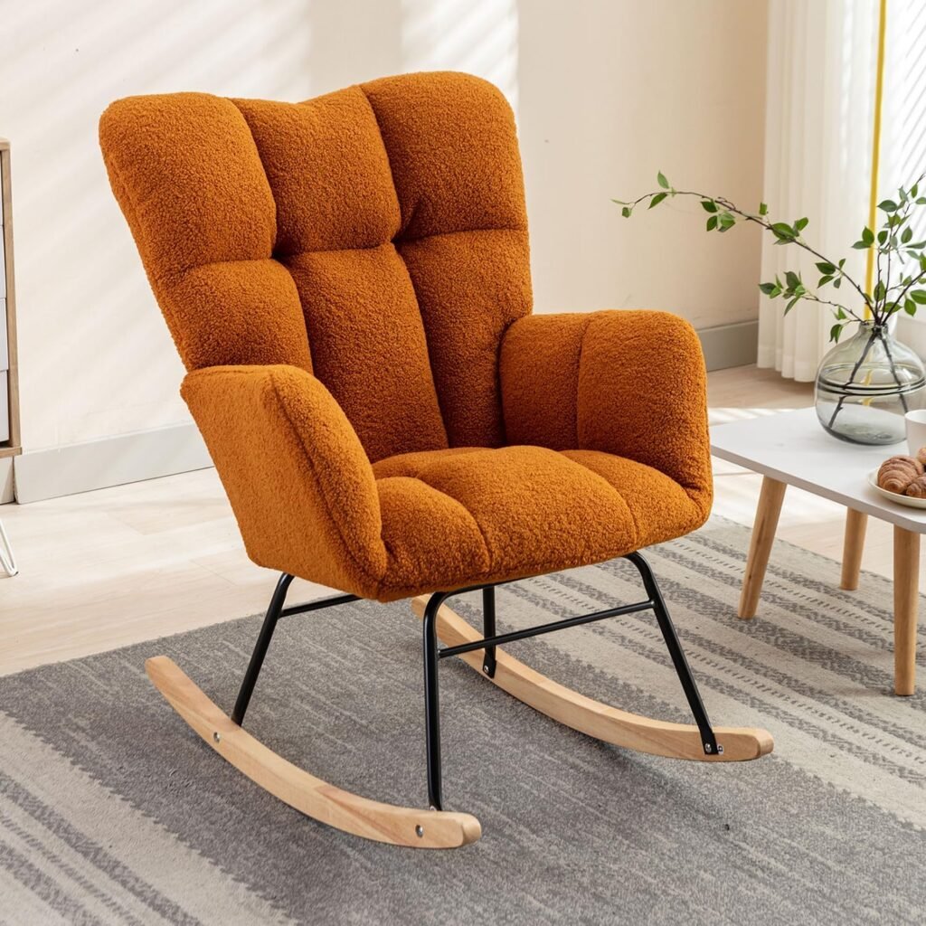 ERILEWE COLLECTION Rocking Chair Nursery, Upholstered Glider Rocker with High Back Modern Accent Chair with Wooden Base for Baby Room, Teddy Caramel