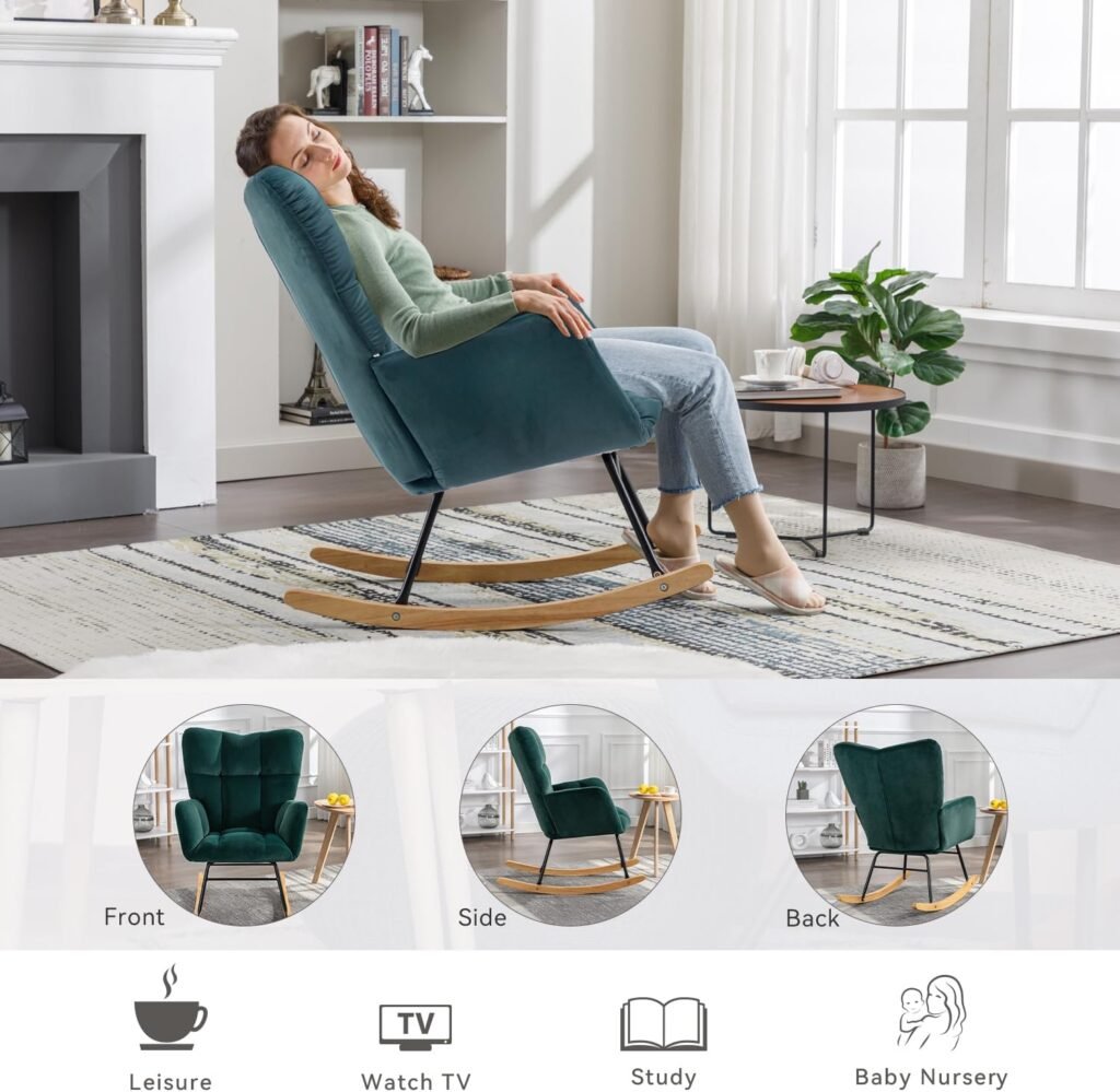 ERILEWE COLLECTION Rocking Chair Nursery, Upholstered Glider Rocker with High Back Modern Accent Chair with Wooden Base for Baby Room, Teddy Caramel