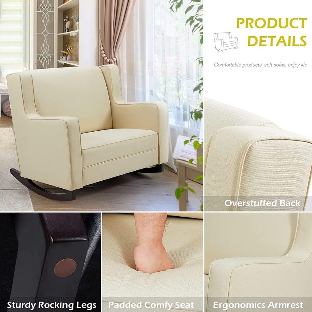 Esright Rocking Chair Nursey, Extra Wide Seat Padded Fabric Baby Rocker for Nursery Comfortable Living Room Chair and A Half, Cream Beige