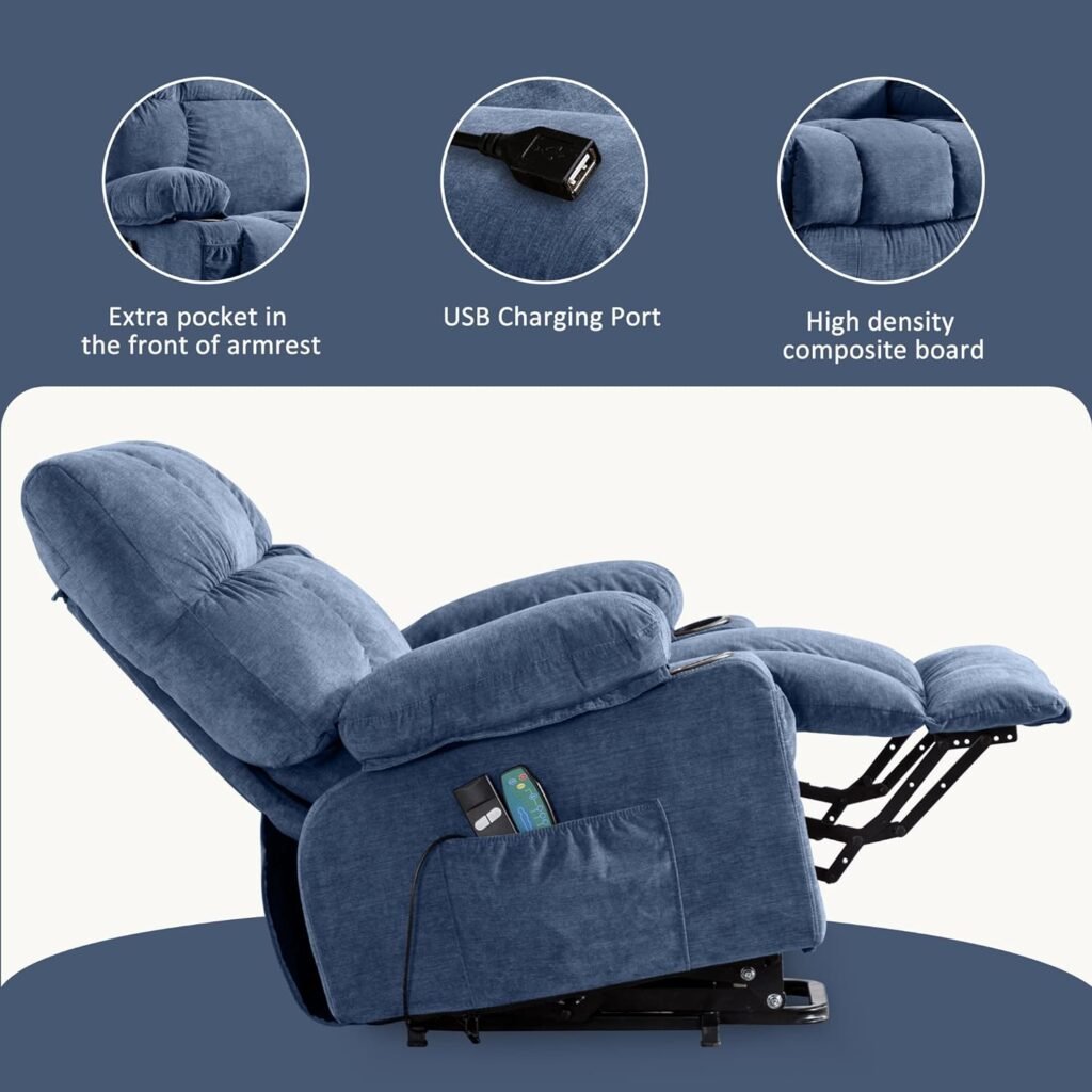 Fantasylab Recliner Chair Power Lift Chair Power Lift Recliner Chairs with Heat and Massage, 2 Side Pocket, USB Port for Elderly, Blue