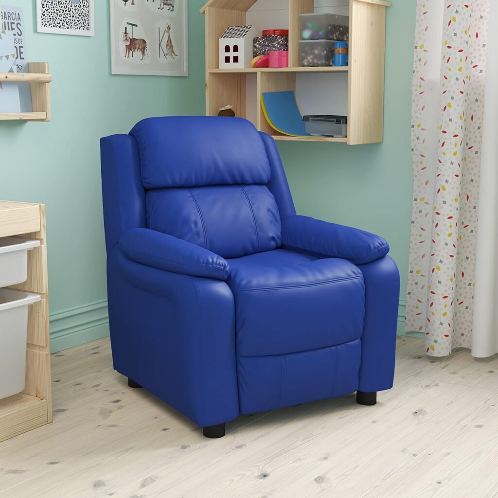 Flash Furniture Charlie Vinyl Kids Recliner with Flip-Up Storage Arms and Safety Recline, Contemporary Reclining Chair for Kids, Supports up to 90 lbs., Blue