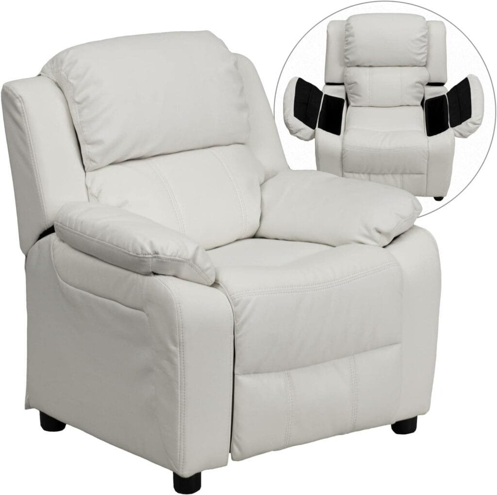 Flash Furniture Charlie Vinyl Kids Recliner with Flip-Up Storage Arms and Safety Recline, Contemporary Reclining Chair for Kids, Supports up to 90 lbs., White