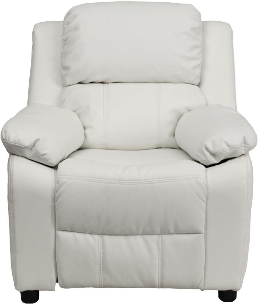 Flash Furniture Charlie Vinyl Kids Recliner with Flip-Up Storage Arms and Safety Recline, Contemporary Reclining Chair for Kids, Supports up to 90 lbs., White