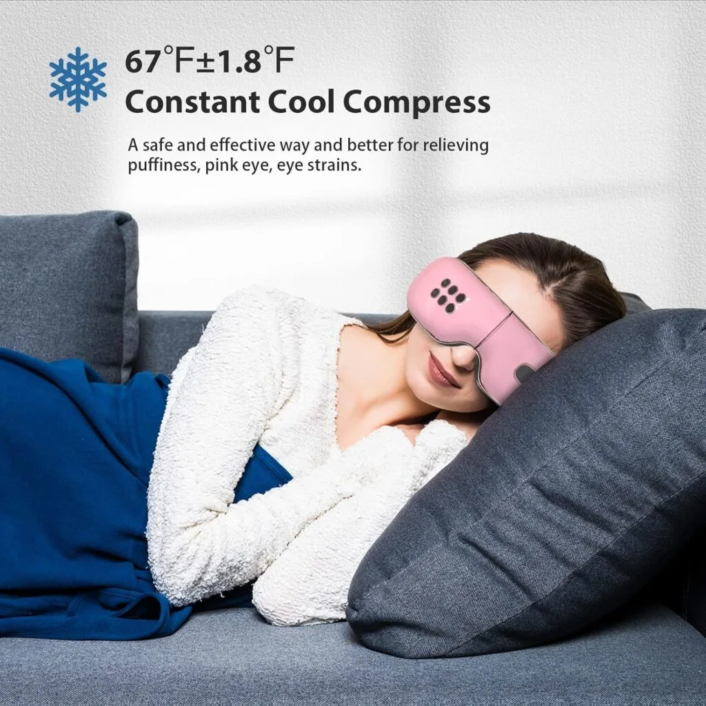 fmlave Smart Eye Massager with Heat, Bluetooth and Compression - Relieve Dry Eyes, Eyestrain and Migraines - Eye Mask Massager for Relaxation, Sleep Improvement - Gift for Men and Wome (Black)