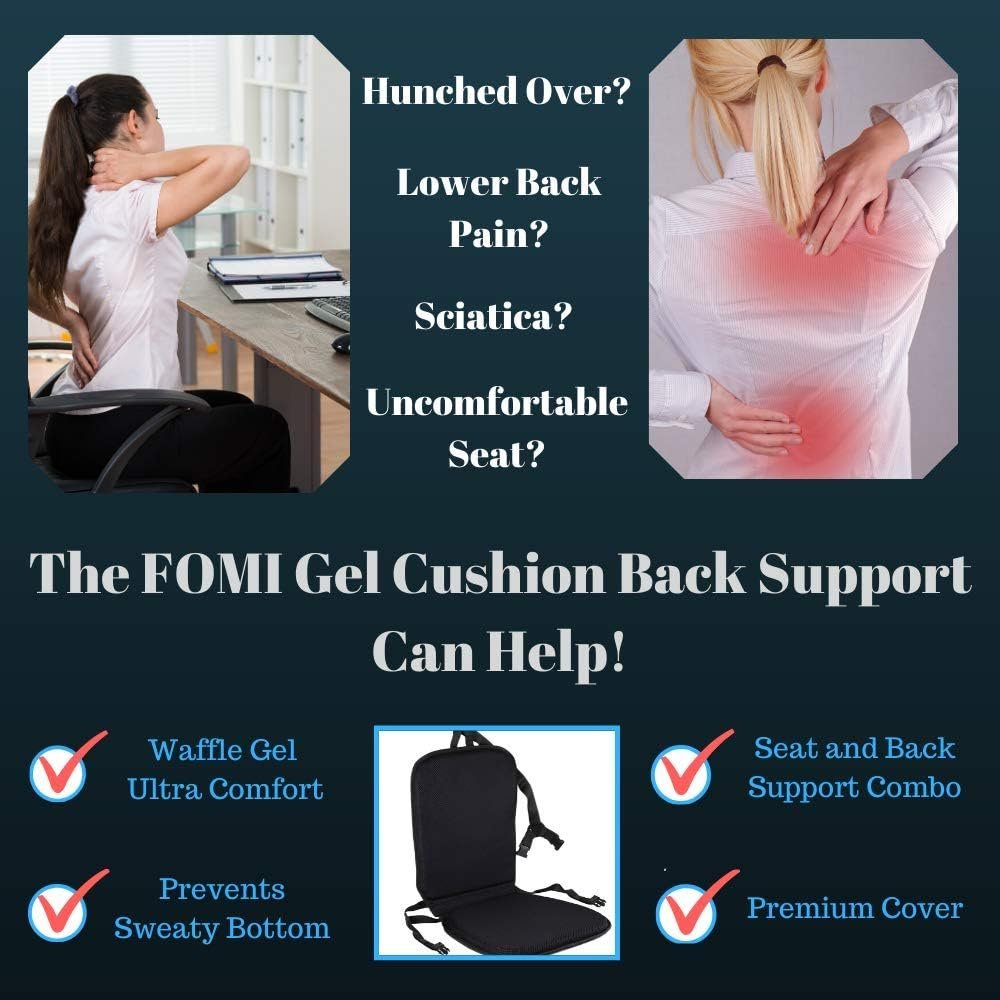 FOMI Premium All Gel Orthopedic Seat and Back Cushion Pad | Upper Lower Back Support Pillow for Car, Office, Kitchen Chair | Pressure Sore, Coccyx Pain Relief | Prevents Sweaty Bottom | Foldable