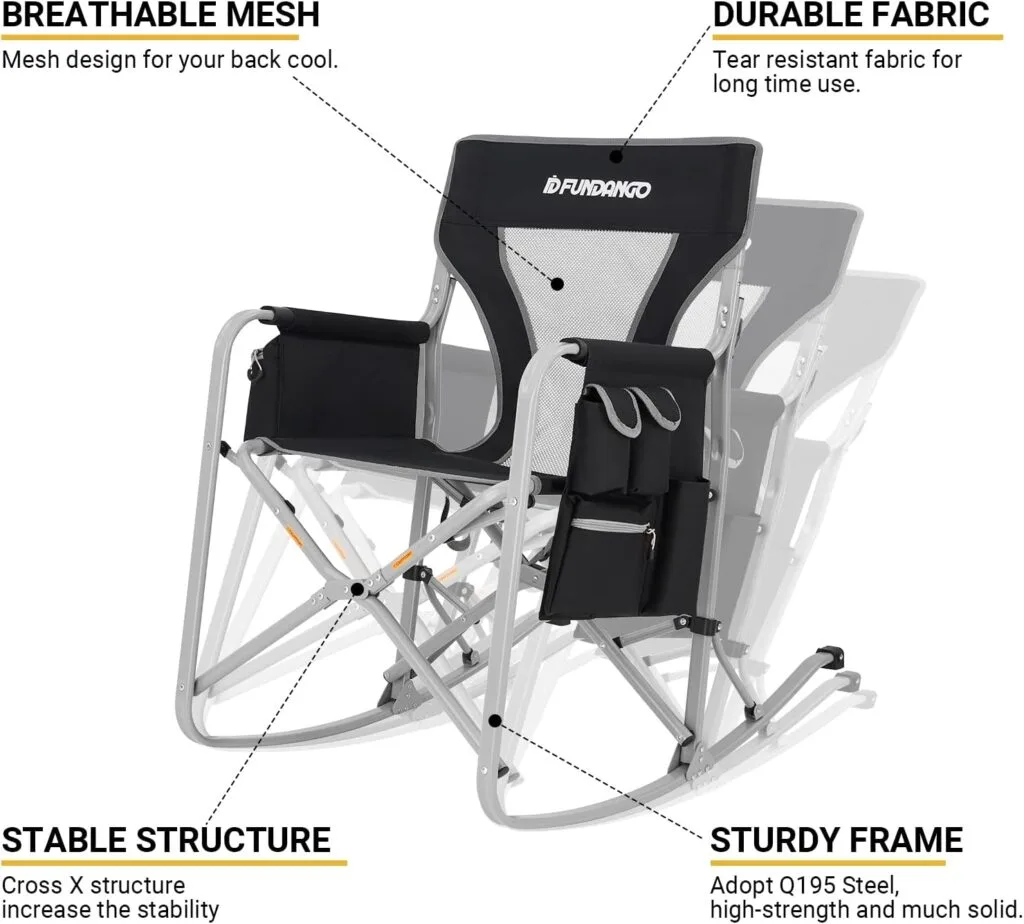 FUNDANGO Camping Rocking Chair, Folding Lawn Chairs with Cup Holder, Storage Pocket, Cooler Bag, Rocking Chair Outdoor for Beach, Outdoor, Travel, Picnic, Patio, Support 300lbs FUNDANGO Camping Rocking Chair, Folding Lawn Chairs with Cup Holder, Storage Pocket, Cooler Bag, Rocking Chair Outdoor for Beach, Outdoor, Travel, Picnic, Patio, Support 300lbs
