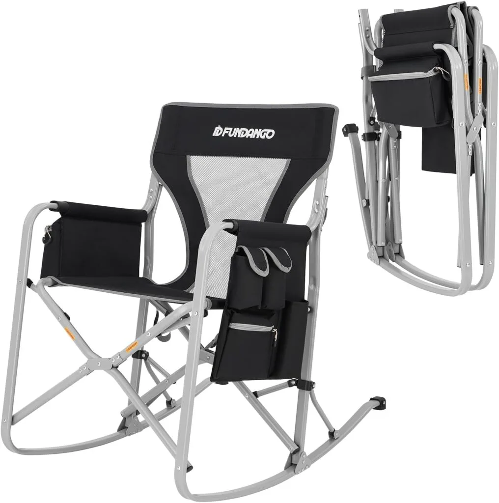FUNDANGO Camping Rocking Chair, Folding Lawn Chairs with Cup Holder, Storage Pocket, Cooler Bag, Rocking Chair Outdoor for Beach, Outdoor, Travel, Picnic, Patio, Support 300lbs FUNDANGO Camping Rocking Chair, Folding Lawn Chairs with Cup Holder, Storage Pocket, Cooler Bag, Rocking Chair Outdoor for Beach, Outdoor, Travel, Picnic, Patio, Support 300lbs