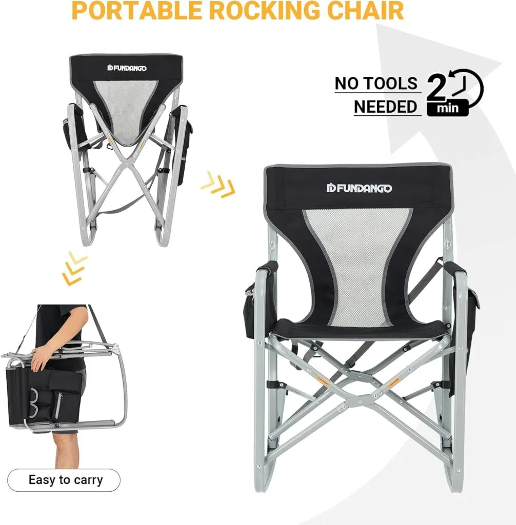 FUNDANGO Camping Rocking Chair, Folding Lawn Chairs with Cup Holder, Storage Pocket, Cooler Bag, Rocking Chair Outdoor for Beach, Outdoor, Travel, Picnic, Patio, Support 300lbs FUNDANGO Camping Rocking Chair, Folding Lawn Chairs with Cup Holder, Storage Pocket, Cooler Bag, Rocking Chair Outdoor for Beach, Outdoor, Travel, Picnic, Patio, Support 300lbs