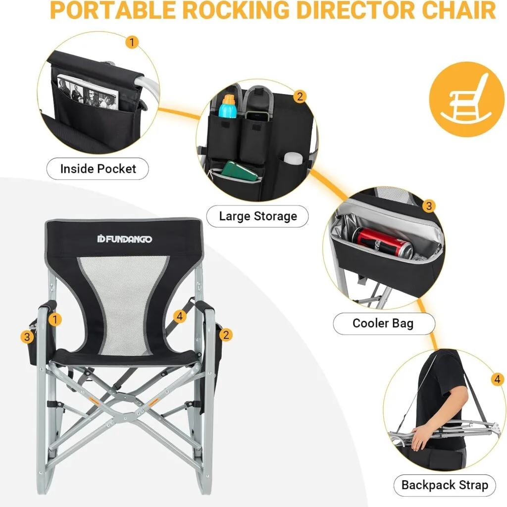FUNDANGO Camping Rocking Chair, Folding Lawn Chairs with Cup Holder, Storage Pocket, Cooler Bag, Rocking Chair Outdoor for Beach, Outdoor, Travel, Picnic, Patio, Support 300lbs FUNDANGO Camping Rocking Chair, Folding Lawn Chairs with Cup Holder, Storage Pocket, Cooler Bag, Rocking Chair Outdoor for Beach, Outdoor, Travel, Picnic, Patio, Support 300lbs