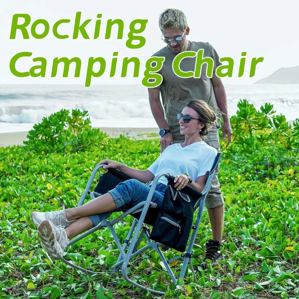 FUNDANGO Camping Rocking Chair, Folding Lawn Chairs with Cup Holder, Storage Pocket, Cooler Bag, Rocking Chair Outdoor for Beach, Outdoor, Travel, Picnic, Patio, Support 300lbs FUNDANGO Camping Rocking Chair, Folding Lawn Chairs with Cup Holder, Storage Pocket, Cooler Bag, Rocking Chair Outdoor for Beach, Outdoor, Travel, Picnic, Patio, Support 300lbs