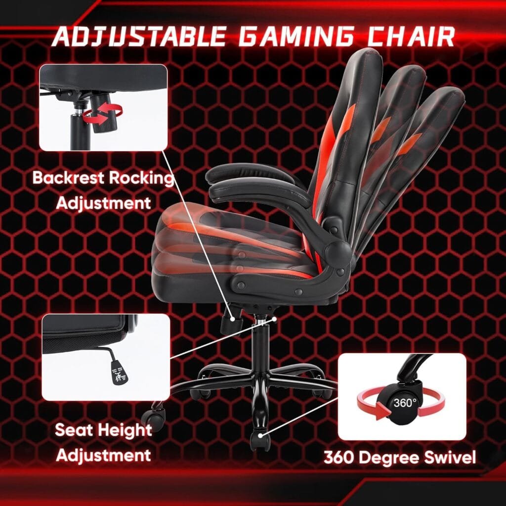 Gaming Chair, Ergonomic Office Chair High Back Computer Desk Chair with Lumbar Support and Flip-up Armrests, Height Adjustable Swivel Rolling Chair with Wheels for Adults