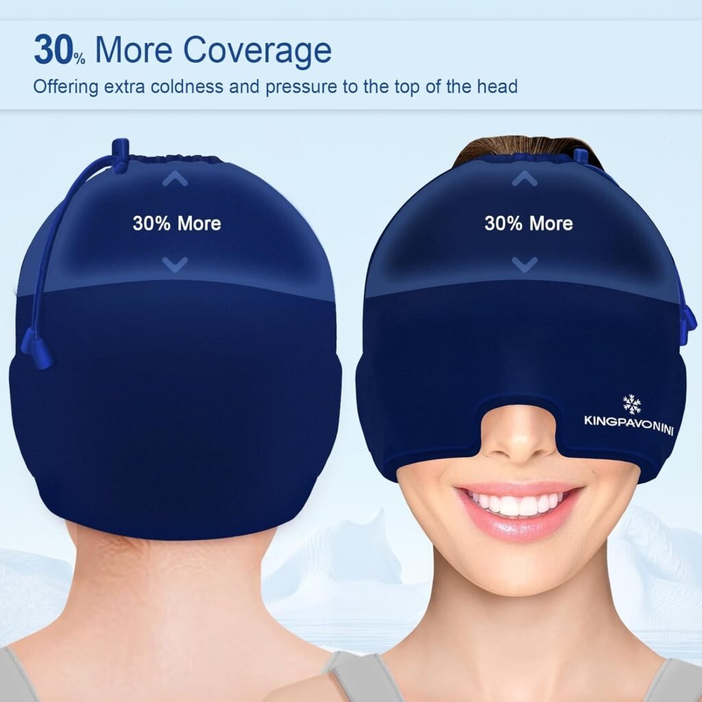 Gel Ice Migraine Headache Relief Cap, Adjustable Headache Cap Migraine with Drawstring Fits All Heads, Cold Compression Migraine Relief Cap for Tension, Stress, Sinus, Puffy Eyes, Hot/Cold Therapy