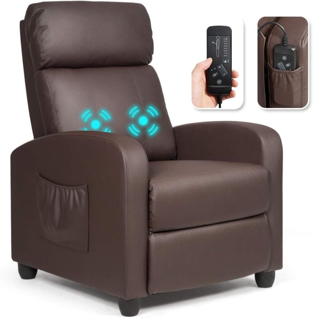 Giantex Recliner Chair, Massage Wingback Single Sofa w/Side Pocket, PU Leather Recliner Sofa for Living Room, Modern Padded Seat Reclining Chair, Home Theater Seating Office for Adults (Brown)