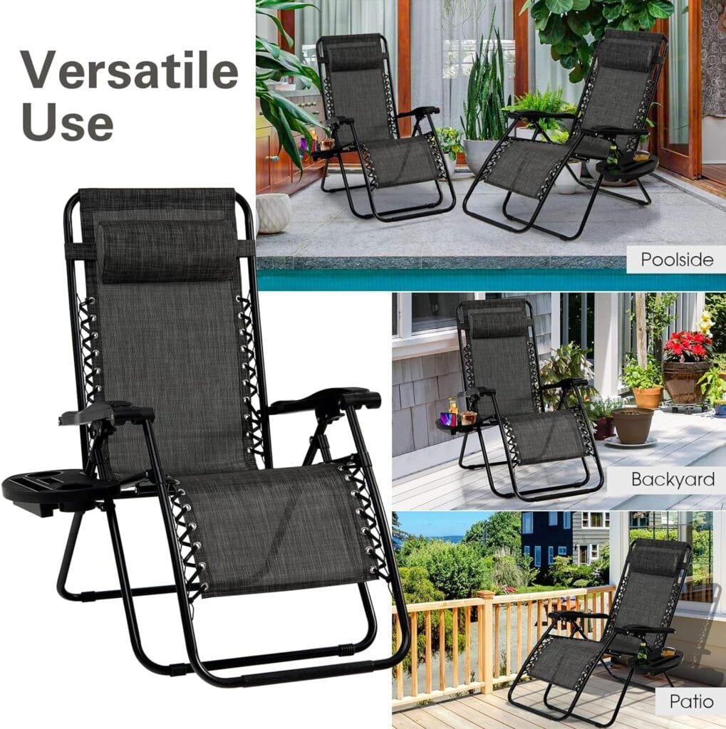 Goplus Zero Gravity Chair, Adjustable Folding Reclining Lounge Chair with Pillow and Cup Holder, Patio Lawn Recliner for Outdoor Pool Camp Yard (1, Grey)