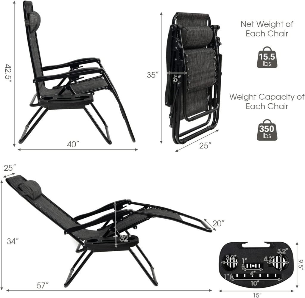 Goplus Zero Gravity Chair, Adjustable Folding Reclining Lounge Chair with Pillow and Cup Holder, Patio Lawn Recliner for Outdoor Pool Camp Yard (1, Grey)