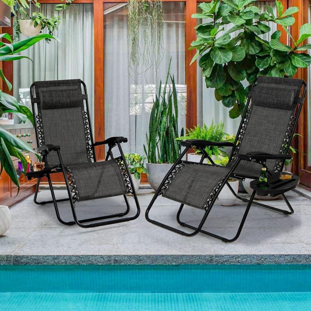 Goplus Zero Gravity Chair, Adjustable Folding Reclining Lounge Chair with Pillow and Cup Holder, Patio Lawn Recliner for Outdoor Pool Camp Yard (1, Grey)