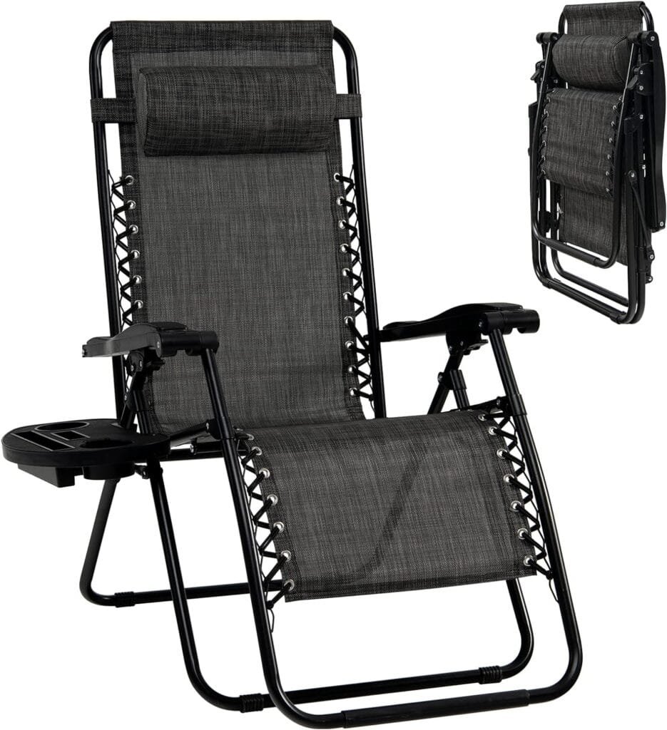Goplus Zero Gravity Chair, Adjustable Folding Reclining Lounge Chair with Pillow and Cup Holder, Patio Lawn Recliner for Outdoor Pool Camp Yard (1, Grey)
