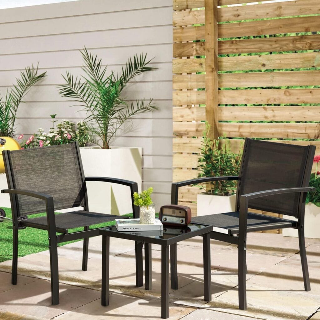 Greesum 3 Pieces Patio Furniture Outdoor Bistro Set Textilene Fabric Chairs for Lawn, Garden, Balcony, Poolside with A Glass Coffee Table, Black : Patio, Lawn  Garden