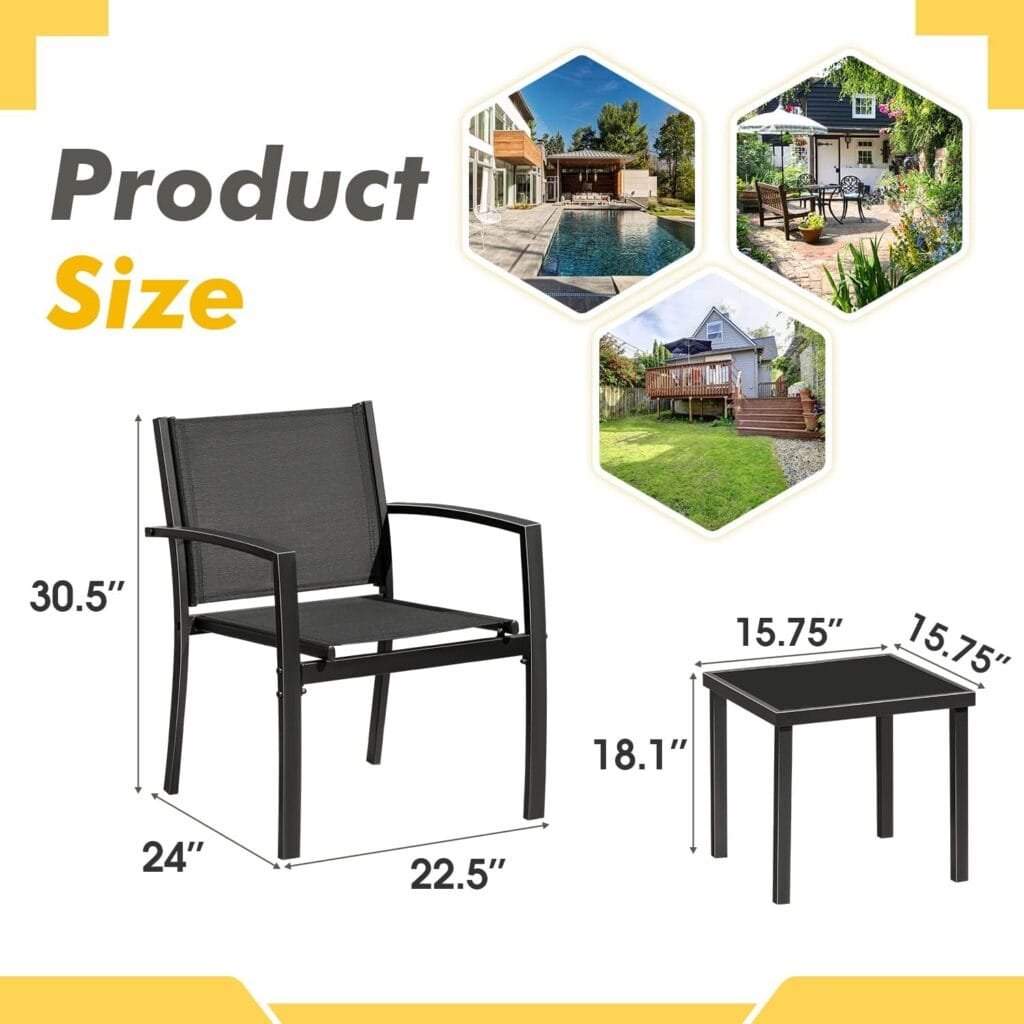 Greesum 3 Pieces Patio Furniture Outdoor Bistro Set Textilene Fabric Chairs for Lawn, Garden, Balcony, Poolside with A Glass Coffee Table, Black : Patio, Lawn  Garden